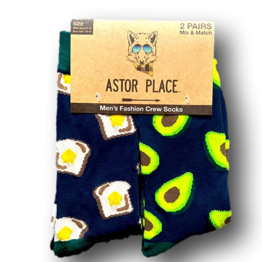 Astor Place Mens Fashion Crew Socks - Breakfast Toast & Avocados - Brand New